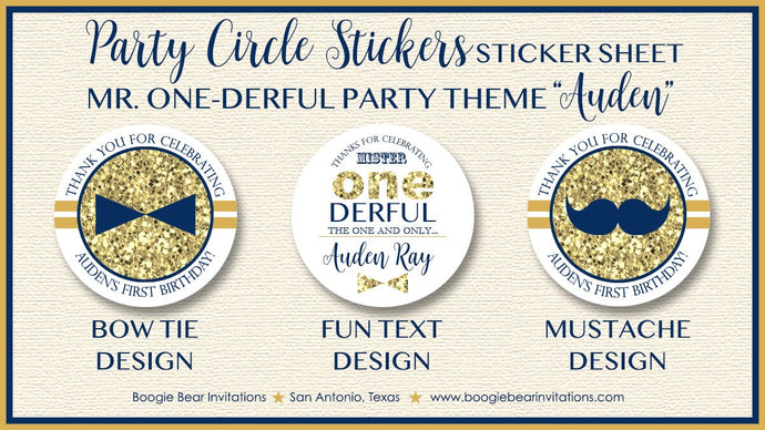 Mr Wonderful 1st Birthday Party Stickers Circle Sheet ONE Boy Mustache Bow Tie Onederful Navy Blue Gold Boogie Bear Invitations Auden Theme