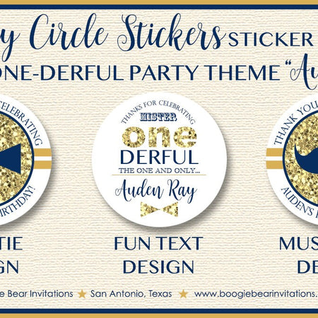 Mr Wonderful 1st Birthday Party Stickers Circle Sheet ONE Boy Mustache Bow Tie Onederful Navy Blue Gold Boogie Bear Invitations Auden Theme