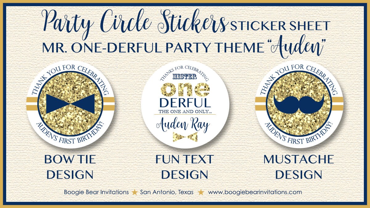 Mr Wonderful 1st Birthday Party Stickers Circle Sheet ONE Boy Mustache Bow Tie Onederful Navy Blue Gold Boogie Bear Invitations Auden Theme
