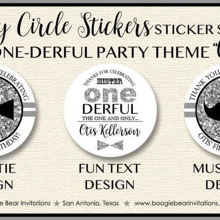 Mr Wonderful 1st Birthday Party Stickers Circle Sheet Round Boy Mustache Bow Tie Onederful Black Silver Boogie Bear Invitations Otis Theme