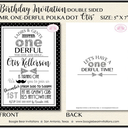 Mr. Wonderful Birthday Party Invitation Bow Tie Little Man Black Silver 1st Boogie Bear Invitations Otis Theme Paperless Printable Printed