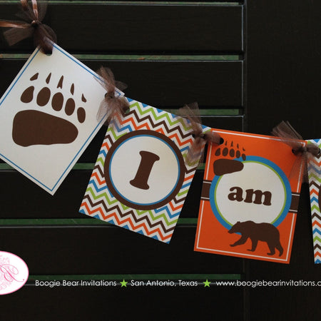 Grizzly Bear Highchair I am 1 Banner Birthday Party Paw Print Forest Animals Orange Green Blue Brown 1st Boogie Bear Invitations Nico Theme