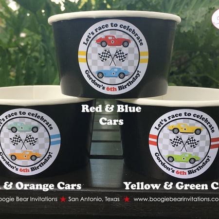 Race Car Birthday Party Treat Cups Candy Buffet Party Black Red Classic Antique Coupe Fastback Retro Boogie Bear Invitations Gordon Theme