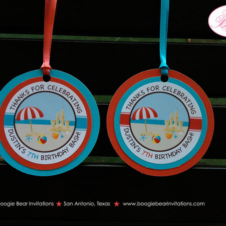 Retro Beach Birthday Party Favor Tags Pool Ocean Boy Girl Red Blue Swim Swimming Summer Island Splash Boogie Bear Invitations Dustin Theme