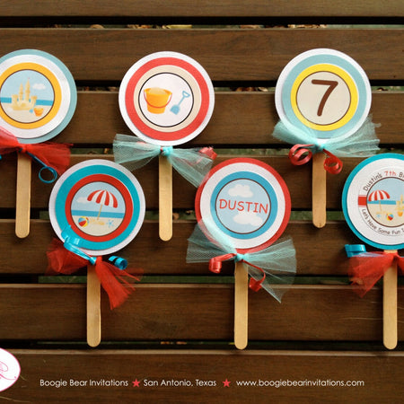 Retro Beach Party Cupcake Toppers Birthday Pool Ball Boy Girl Ocean Swimming Swim Sandcastle Summer Boogie Bear Invitations Dustin Theme