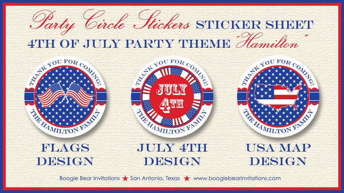 4th of July Party Stickers Circle Sheet Round Red White Blue Stars Strips Flag America Reunion USA Boogie Bear Invitations Hamilton Theme