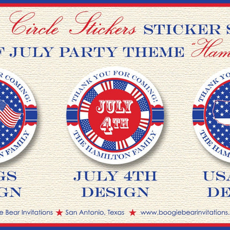 4th of July Party Stickers Circle Sheet Round Red White Blue Stars Strips Flag America Reunion USA Boogie Bear Invitations Hamilton Theme