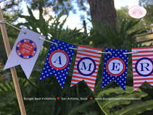Load image into Gallery viewer, 4th of July Party Pennant Cake Banner Topper Stars Stripes Red White Blue Flag America United States Boogie Bear Invitations Hamilton Theme
