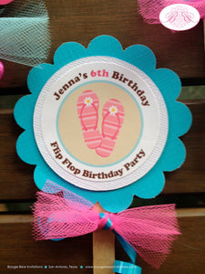 Flip Flop Pool Birthday Party Package Girl Swimming Pool Splash Swim Beach Ball Pink Aqua Blue Summer Boogie Bear Invitations Jenna Theme