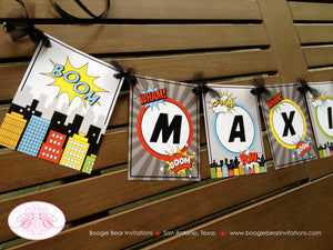 Superhero Birthday Party Package Happy Super Hero Girl Boy Door Banner Comic Skyline Retro Pow Boom Boogie Bear Invitations Max Theme