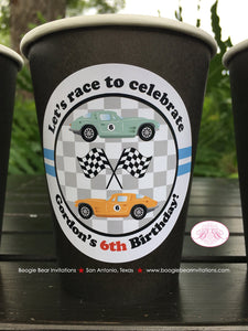 Race Car Birthday Party Beverage Cups Paper Drink Boy Girl Black Antique Classic Fastback Retro Coupe Boogie Bear Invitations Gordon Theme