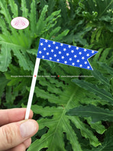 Load image into Gallery viewer, 4th of July Party Pennant Cupcake Mini Sticks Birthday Paper Flag Red White Blue Stars Stripes 1st Boogie Bear Invitations Hamilton Theme