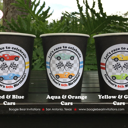 Race Car Birthday Party Beverage Cups Paper Drink Boy Girl Black Antique Classic Fastback Retro Coupe Boogie Bear Invitations Gordon Theme