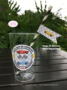 Race Car Birthday Party Beverage Cups Plastic Drink Boy Girl Black Antique Classic Retro Coupe Fastback Boogie Bear Invitations Gordon Theme