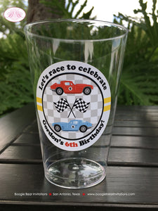 Race Car Birthday Party Beverage Cups Plastic Drink Boy Girl Black Antique Classic Retro Coupe Fastback Boogie Bear Invitations Gordon Theme