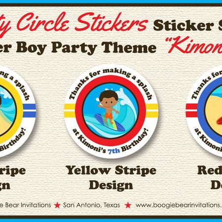 Surfer Boy Birthday Party Stickers Circle Sheet Round Beach Ocean Surf Surfing Swimming Pool Swim Luau Boogie Bear Invitations Kimoni Theme