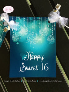 Sweet 16 Birthday Party Name Banner Glowing Ornament Aqua Blue Girl 1st 15th 16th 21st 30th 40th 50th Boogie Bear Invitations Caterina Theme