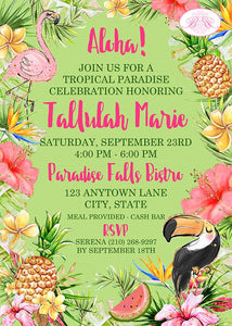 Tropical Paradise Birthday Party Invitation Pink Gold Green Jungle Wild Boogie Bear Invitations Tallulah Theme Paperless Printable Printed
