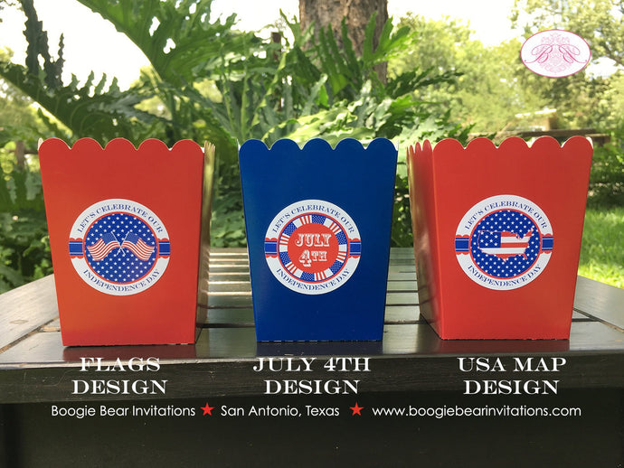 4th of July Party Popcorn Boxes Mini Food Buffet Red White Blue Flag America Map Independence Day USA Boogie Bear Invitations Hamilton Theme