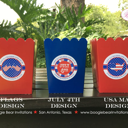 4th of July Party Popcorn Boxes Mini Food Buffet Red White Blue Flag America Map Independence Day USA Boogie Bear Invitations Hamilton Theme