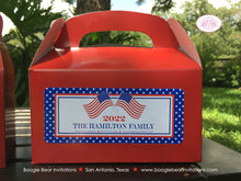 Load image into Gallery viewer, 4th of July Party Treat Boxes Favor Tags Bag Boy Girl Red White Blue Stars Stripes American Flag USA Boogie Bear Invitations Hamilton Theme