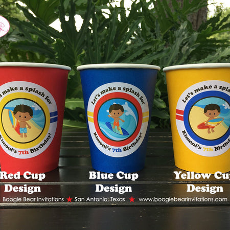 Surfer Boy Birthday Party Beverage Cups Paper Drink Beach Pool Surf Ocean Island Hawaii Surfing Wave Boogie Bear Invitations Kimoni Theme