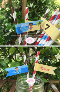 Surfer Boy Birthday Party Paper Pennant Straws Beverage Swimming Beach Surfing Surf Pool Swim Wave Luau Boogie Bear Invitations Kimoni Theme
