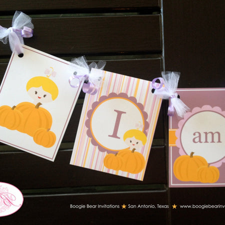 Pink Pumpkin I am 1 Highchair Banner Birthday Party Girl Fall Autumn Lavender Purple Pink Orange Bow 1st Boogie Bear Invitation Kayla Theme
