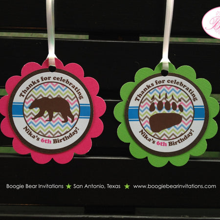 Grizzly Bear Birthday Party Favor Tags Pink Girl Paw Print Green Blue Chevron Kodiak Wild Zoo Forest Boogie Bear Invitations Nika Theme