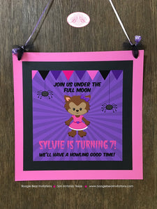 Pink Werewolf Birthday Party Door Banner Halloween Girl Magenta Purple Black Spider Wolf Howl Full Moon Boogie Bear Invitations Sylvie Theme