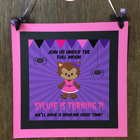 Pink Werewolf Birthday Party Door Banner Halloween Girl Magenta Purple Black Spider Wolf Howl Full Moon Boogie Bear Invitations Sylvie Theme