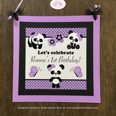 Panda Bear Birthday Party Door Banner Happy Girl Purple Black Tropical Jungle Spot Butterfly Polka Dot Boogie Bear Invitations Ronna Theme