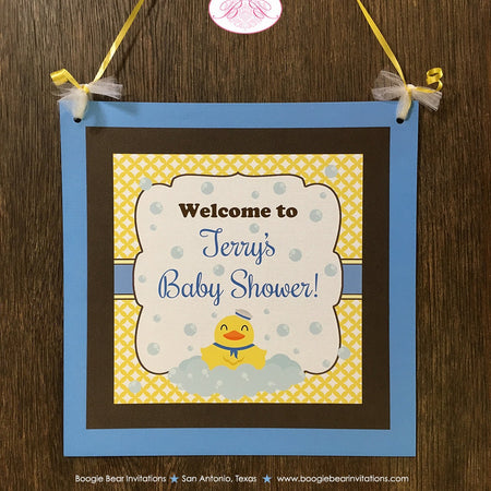 Yellow Rubber Duck Baby Shower Door Banner Party Bath Tub Blue White Brown Little Duckie Ducky Boy Girl Boogie Bear Invitations Terry Theme
