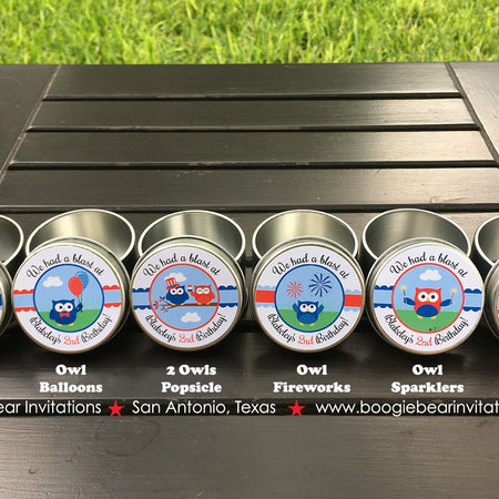 4th of July Birthday Party Treat Favor Tins Circle Gift Box Candy Owls Fireworks Patriotic Boy Girl Boogie Bear Invitations Blakeley Theme