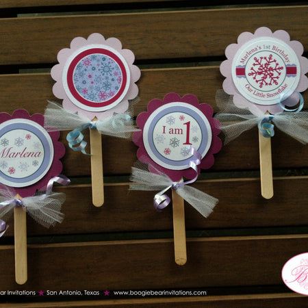 Snowflake Birthday Party Cupcake Toppers Winter Christmas Girl Lavender Purple Snowflake Wonderland Boogie Bear Invitations Marlena Theme