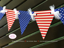Load image into Gallery viewer, 4th of July Independence Day Party Banner Pennant Garland Small Red White Blue Flag Stars Stripes 1st Boogie Bear Invitations Hamilton Theme