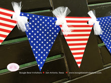 Load image into Gallery viewer, 4th of July Independence Day Party Banner Pennant Garland Small Red White Blue Flag Stars Stripes 1st Boogie Bear Invitations Hamilton Theme