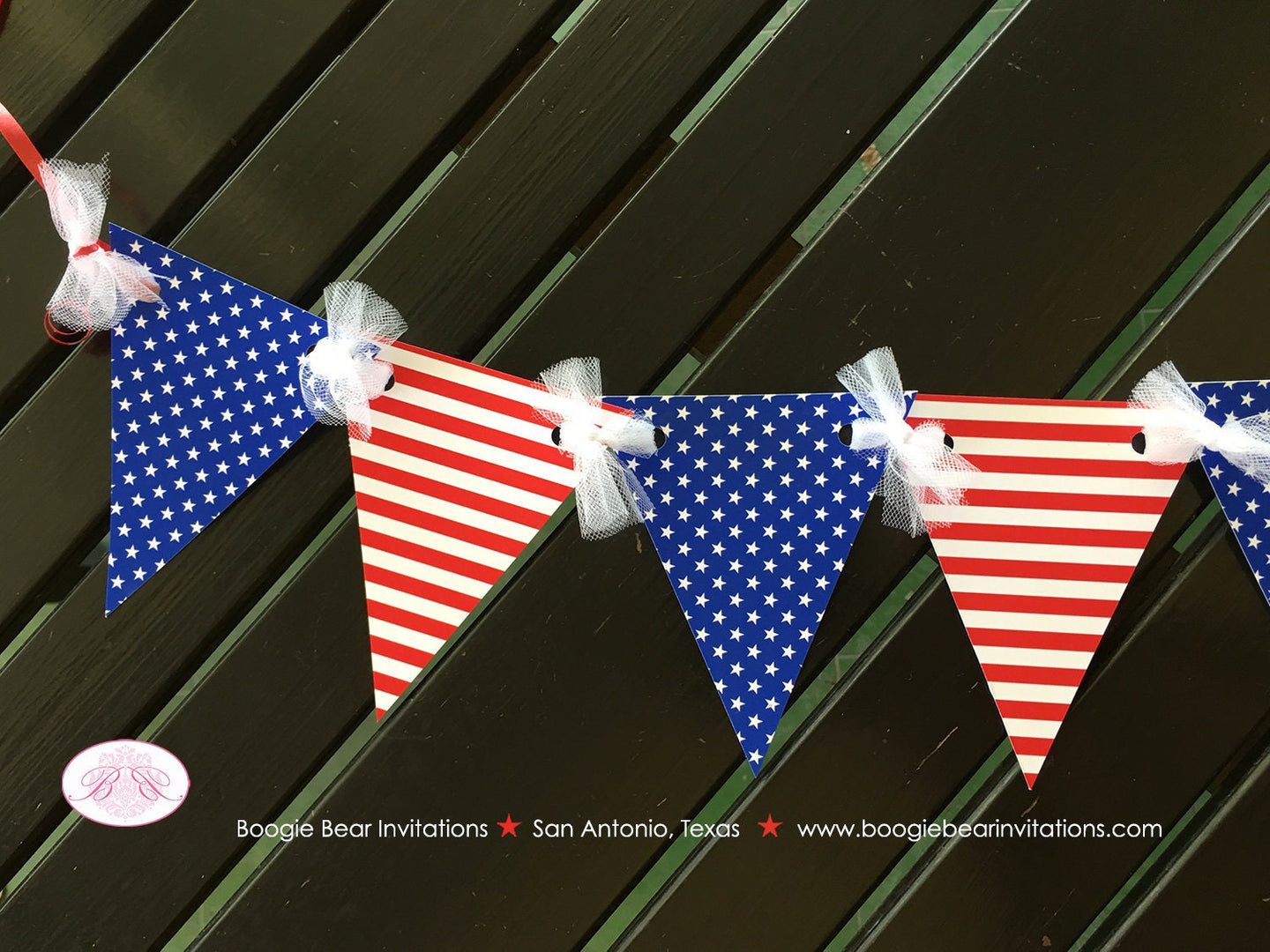4th of July Independence Day Party Banner Pennant Garland Small Red White Blue Flag Stars Stripes 1st Boogie Bear Invitations Hamilton Theme