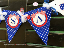 Load image into Gallery viewer, 4th of July Independence Day Pennant I am 1 Banner Party Highchair Red White Blue Flag Stars Stripes Boogie Bear Invitations Hamilton Theme
