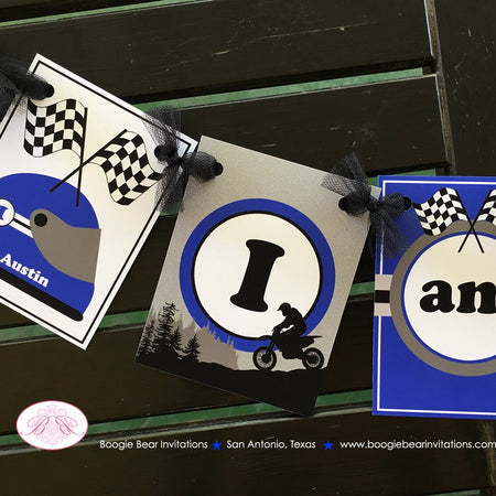 Dirt Bike I am 1 Highchair Party Banner Birthday Small Mountain Grey Blue Black Gray Boy Girl 1st 2nd Boogie Bear Invitations Austin Theme