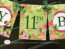 Load image into Gallery viewer, Tropical Paradise Happy Birthday Banner Flamingo Toucan Pineapple Party Pink Gold Green Girl Aloha Boogie Bear Invitations Tallulah Theme