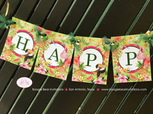 Load image into Gallery viewer, Tropical Paradise Happy Birthday Banner Flamingo Toucan Pineapple Party Pink Gold Green Girl Aloha Boogie Bear Invitations Tallulah Theme