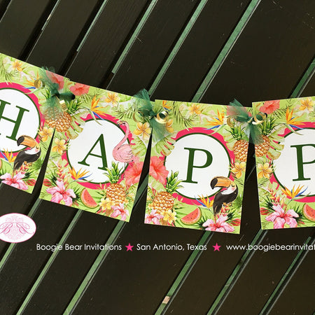 Tropical Paradise Happy Birthday Banner Flamingo Toucan Pineapple Party Pink Gold Green Girl Aloha Boogie Bear Invitations Tallulah Theme