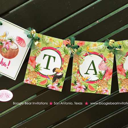 Tropical Paradise Birthday Party Banner Flamingo Toucan Pineapple Party Pink Gold Green Rainforest Boogie Bear Invitations Tallulah Theme