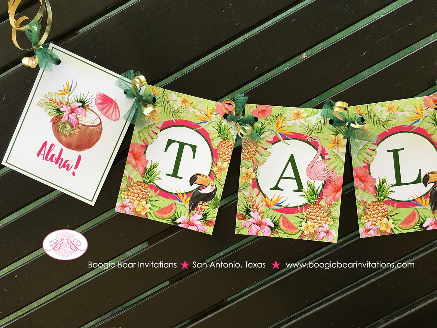 Tropical Paradise Birthday Party Banner Flamingo Toucan Pineapple Party Pink Gold Green Rainforest Boogie Bear Invitations Tallulah Theme