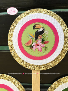 Tropical Paradise Birthday Party Cupcake Toppers Girl Flamingo Toucan Pineapple Pink Gold Green Luau Boogie Bear Invitations Tallulah Theme