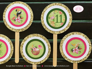 Tropical Paradise Birthday Party Cupcake Toppers Girl Flamingo Toucan Pineapple Pink Gold Green Luau Boogie Bear Invitations Tallulah Theme