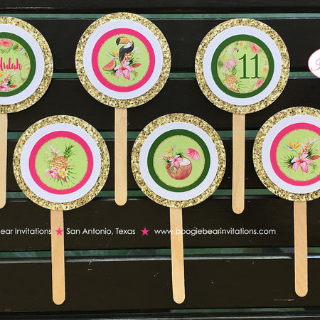 Tropical Paradise Birthday Party Cupcake Toppers Girl Flamingo Toucan Pineapple Pink Gold Green Luau Boogie Bear Invitations Tallulah Theme
