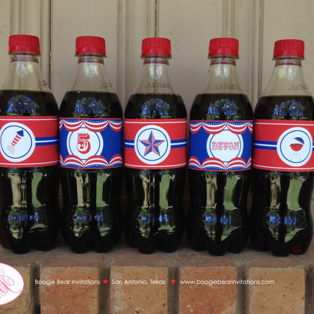 4th of July Party Bottle Wraps Birthday Cover Label Flag Red White Blue Fireworks Independence Day USA Boogie Bear Invitations Devon Theme
