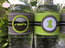 Load image into Gallery viewer, Green Race Car Birthday Party Bottle Wraps Cover Label Wrapper Tag Black Lime Fastback Coupe Track Racing Boogie Bear Invitations Brad Theme